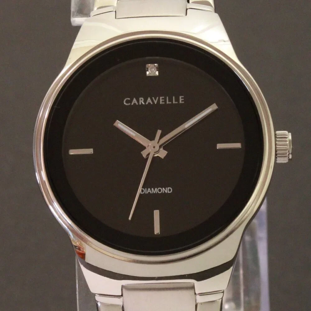 Caravelle Ladies Watch By Bulova Black Dial Diamond 12:00 Stainless 30mm